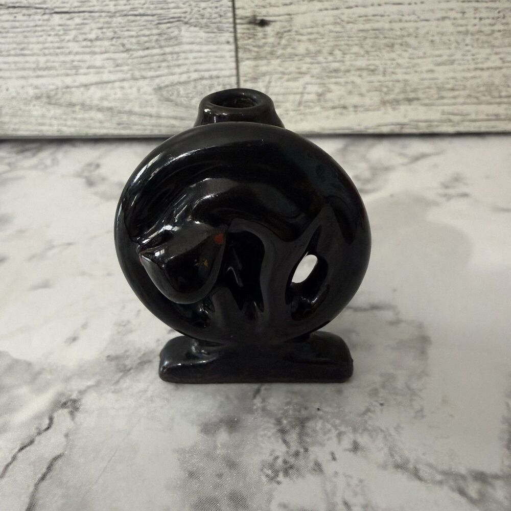 Vintage Mid-Century Black Cat Incense Burner Arched Back Ceramic Figurine MCM